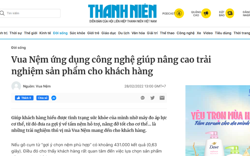 Bài báo về Vua Nệm trên trang báo Thanh Niên